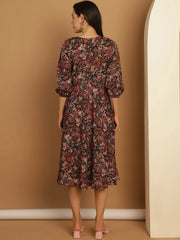 Floral Print Puff Sleeves Crepe Dress-JND-1008Black