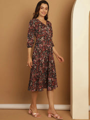Floral Print Puff Sleeves Crepe Dress-JND-1008Black