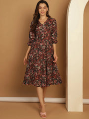 Floral Print Puff Sleeves Crepe Dress-JND-1008Black