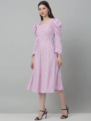 Women's Floral Print Square Neck Puff Sleeved Flaired Dress