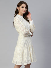DesiQlo Cream Net Tiered Dress
