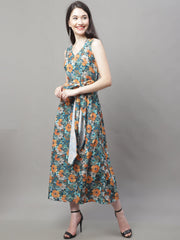 Women Teal Blue Printed A-Line Dresses