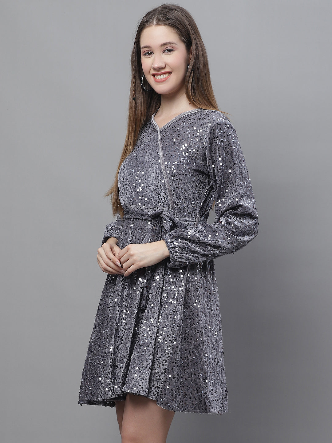 DesiQlo Women Embroidered Dress - Grey