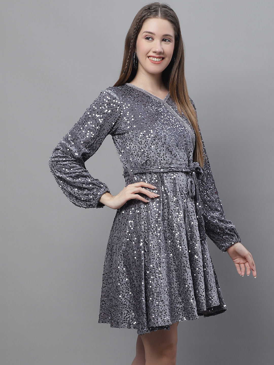 DesiQlo Women Embroidered Dress - Grey