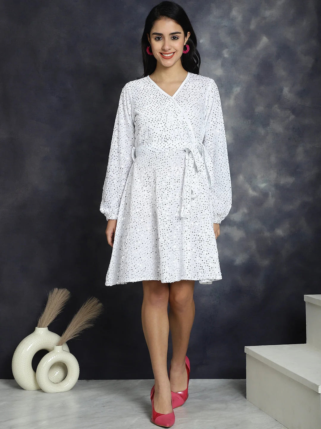 Sequin Velvet A-Line Dress - Women's Western Clothing White