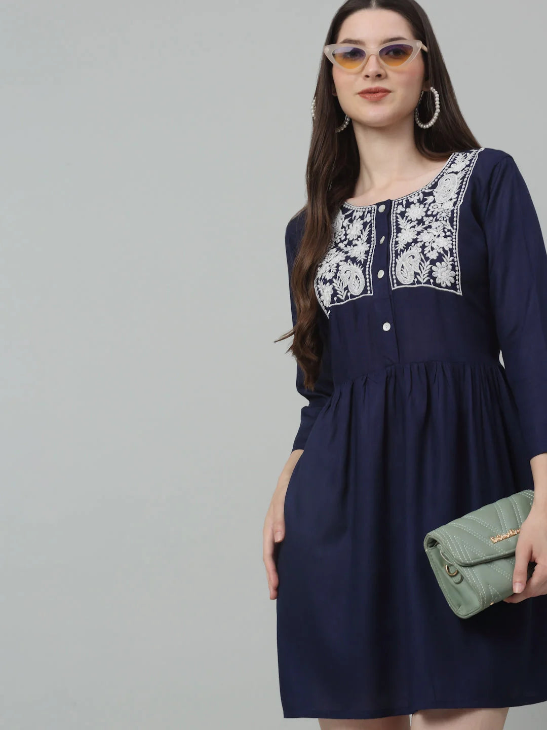 Women's Embroidered A-line Dress-JND-1020Navy | Rayon Dress
