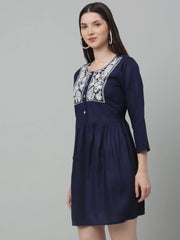 Women's Embroidered A-line Dress-JND-1020Navy
