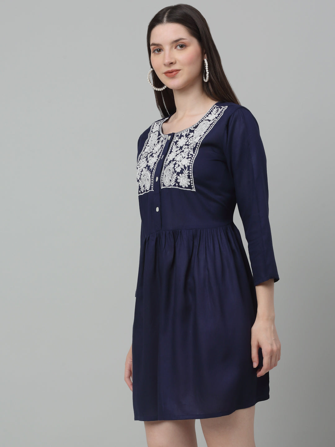 Women's Embroidered A-line Dress-JND-1020Navy | Rayon Dress