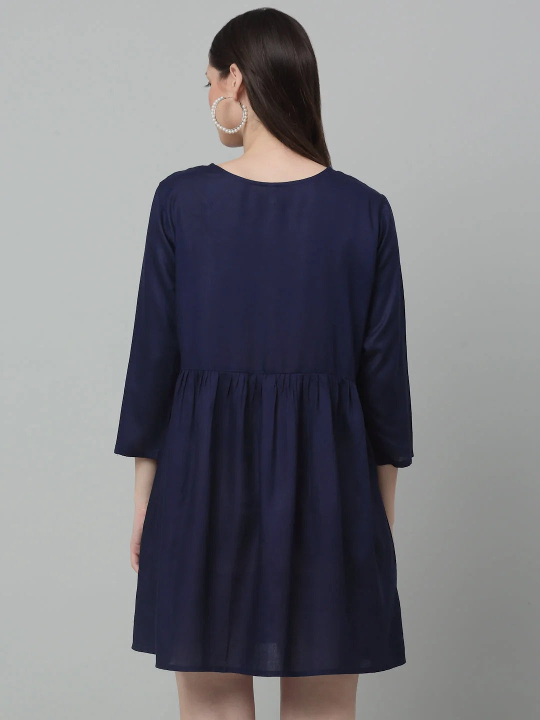 Women's Embroidered A-line Dress-JND-1020Navy | Rayon Dress