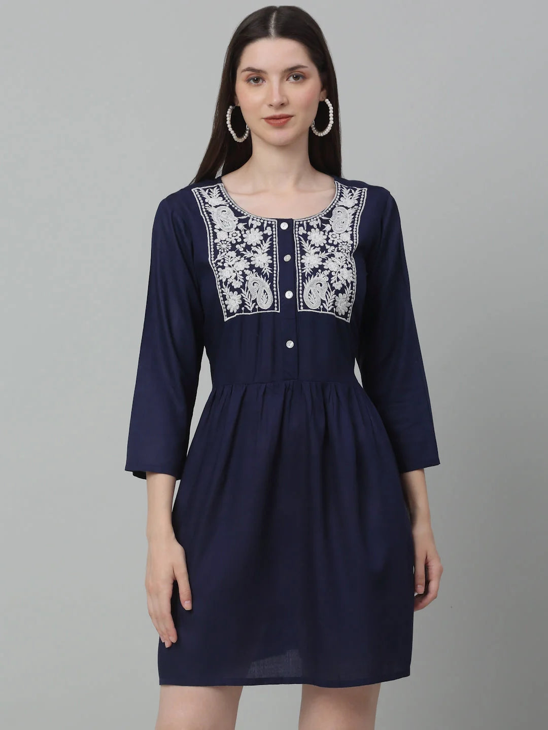 Women's Embroidered A-line Dress-JND-1020Navy | Rayon Dress
