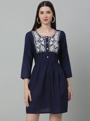 Women's Embroidered A-line Dress-JND-1020Navy