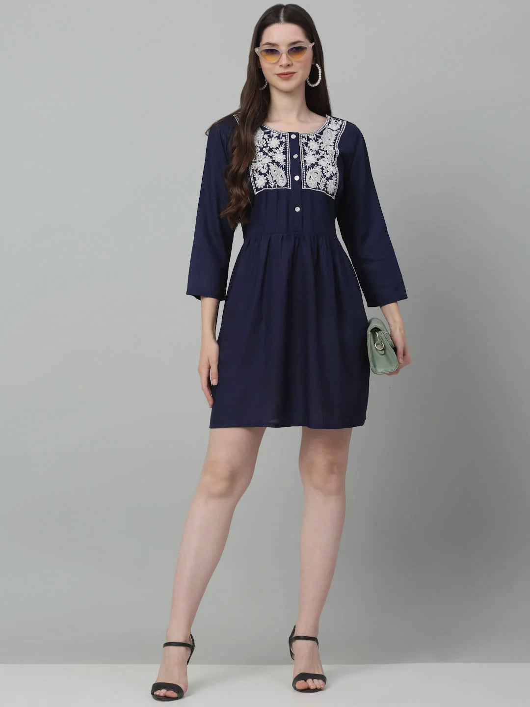 Women's Embroidered A-line Dress-JND-1020Navy