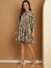 Floral Printed Puff Sleeve A-Line Dress-JND-1021Blue