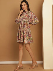 Floral Printed Puff Sleeve A-Line Dress-JND-1021Purple