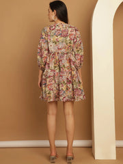 Floral Printed Puff Sleeve A-Line Dress-JND-1021Purple