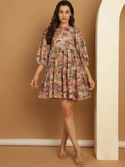 Floral Printed Puff Sleeve A-Line Dress-JND-1021Purple