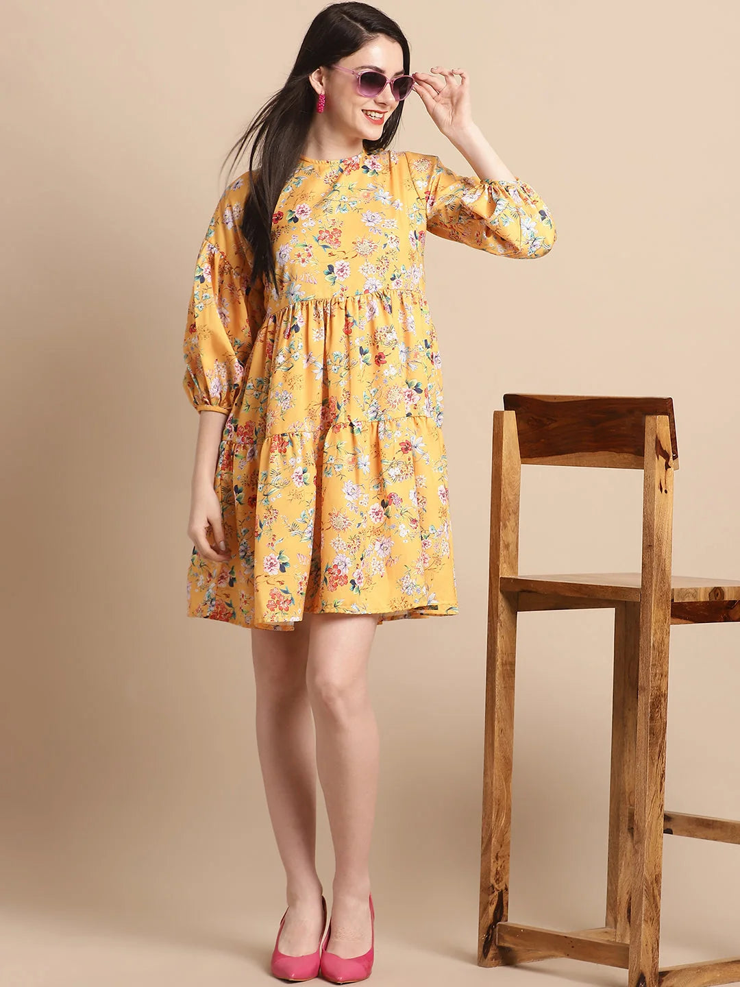 Women Yellow Printed A-Line Dress