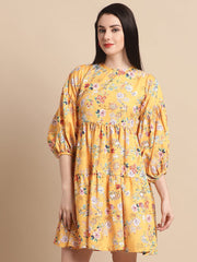 Women Yellow Printed A-Line Dress