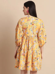 Women Yellow Printed A-Line Dress