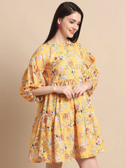 Women Yellow Printed A-Line Dress