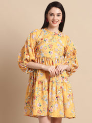 Women Yellow Printed A-Line Dress