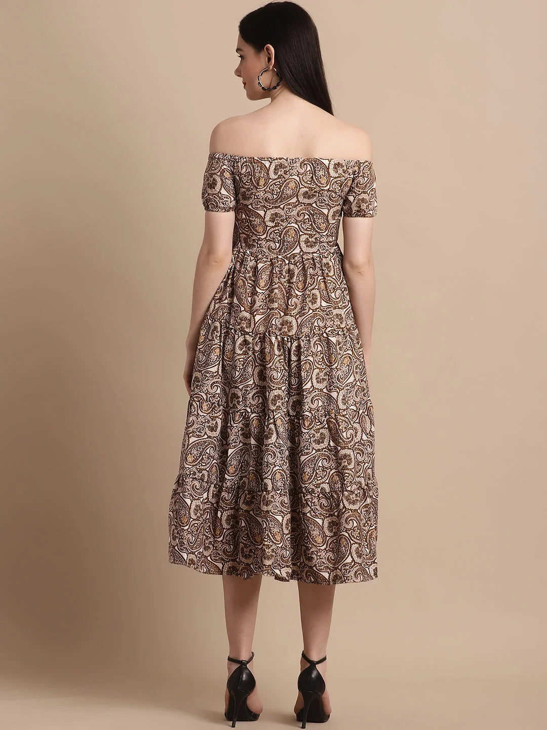 Brown Printed Off-Shoulder Dress | Women's Western Clothing