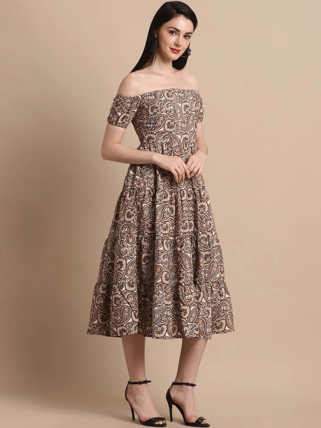 Brown Printed Off-Shoulder Dress | Women's Western Clothing