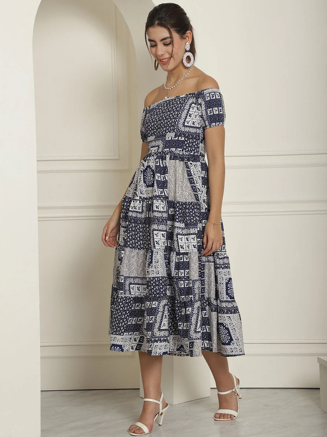 Navy Blue Printed Off-Shoulder Dress | Women's Western Wear