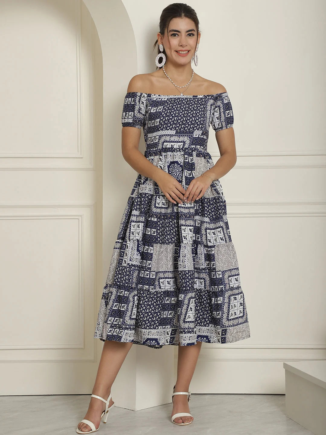 Navy Blue Printed Off-Shoulder Dress | Women's Western Wear