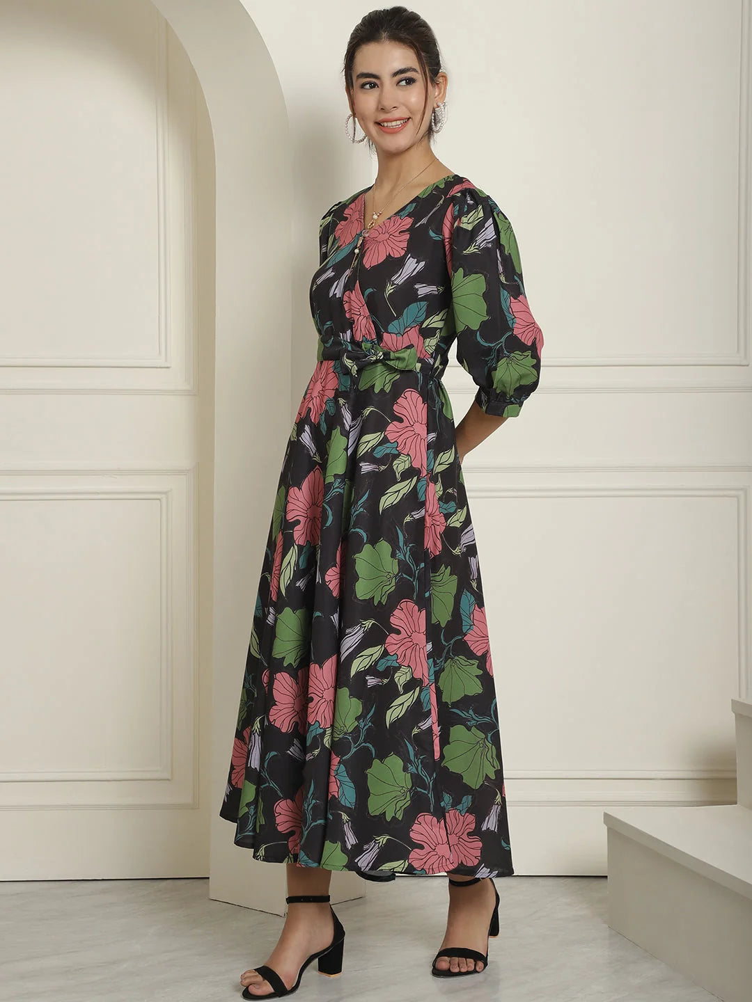 Black Floral A-Line Dress with Belt | Women's Western Clothing