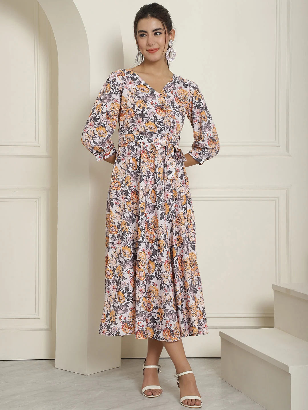 Off-White Floral A-Line Dress with Belt | Women's Western Wear