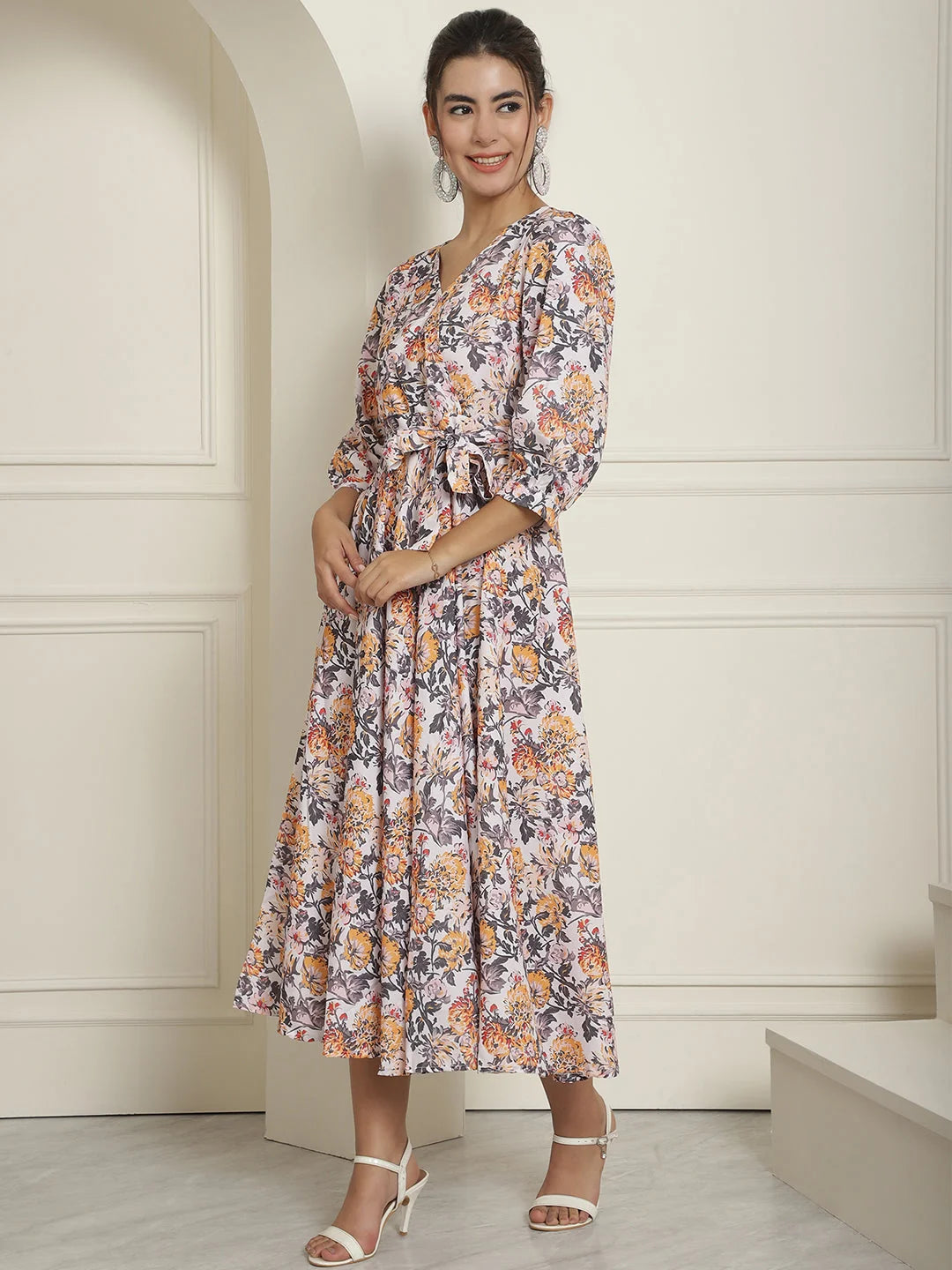 Off-White Floral A-Line Dress with Belt | Women's Western Wear