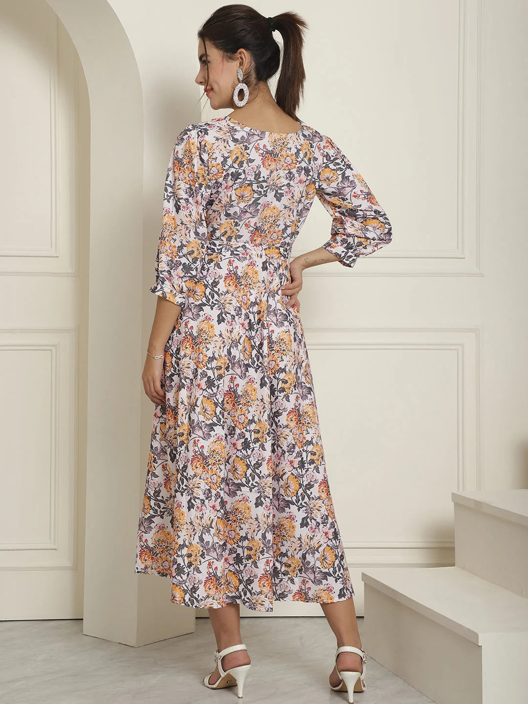 Off-White Floral A-Line Dress with Belt | Women's Western Wear