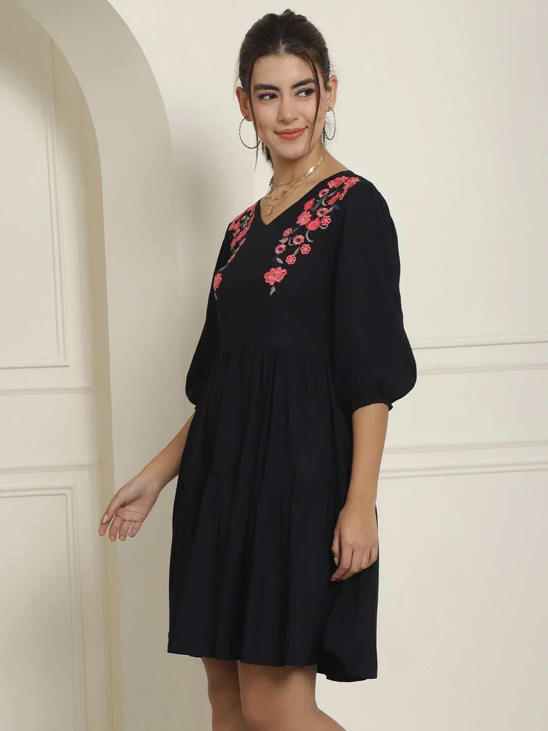 Women's Black Floral Embroidered A-line Dress | Western Clothing