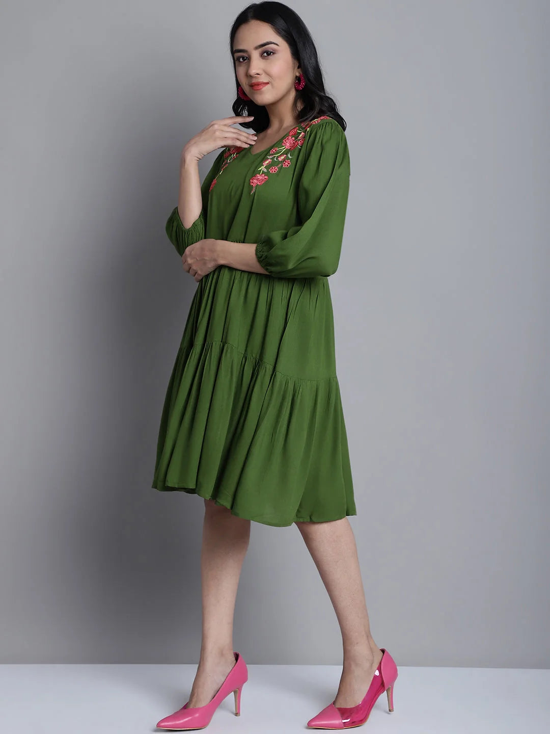 Women's Green Floral Embroidered A-line Dress | Western Wear