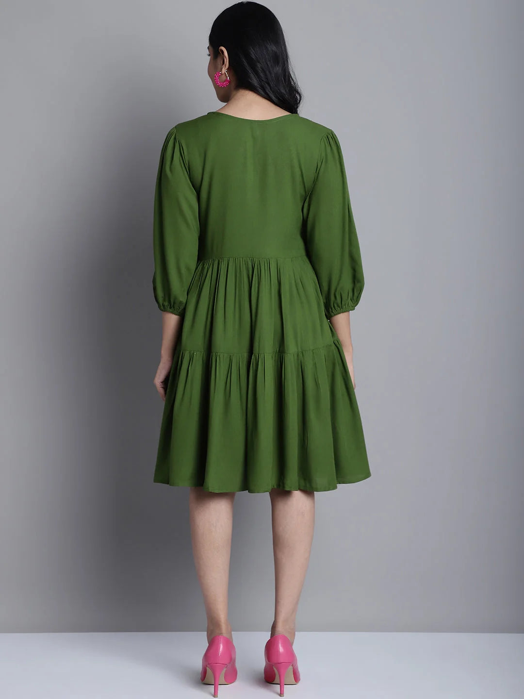 Women's Green Floral Embroidered A-line Dress | Western Wear