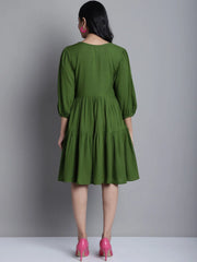 Women's Green Floral Embroidered A-line Dress