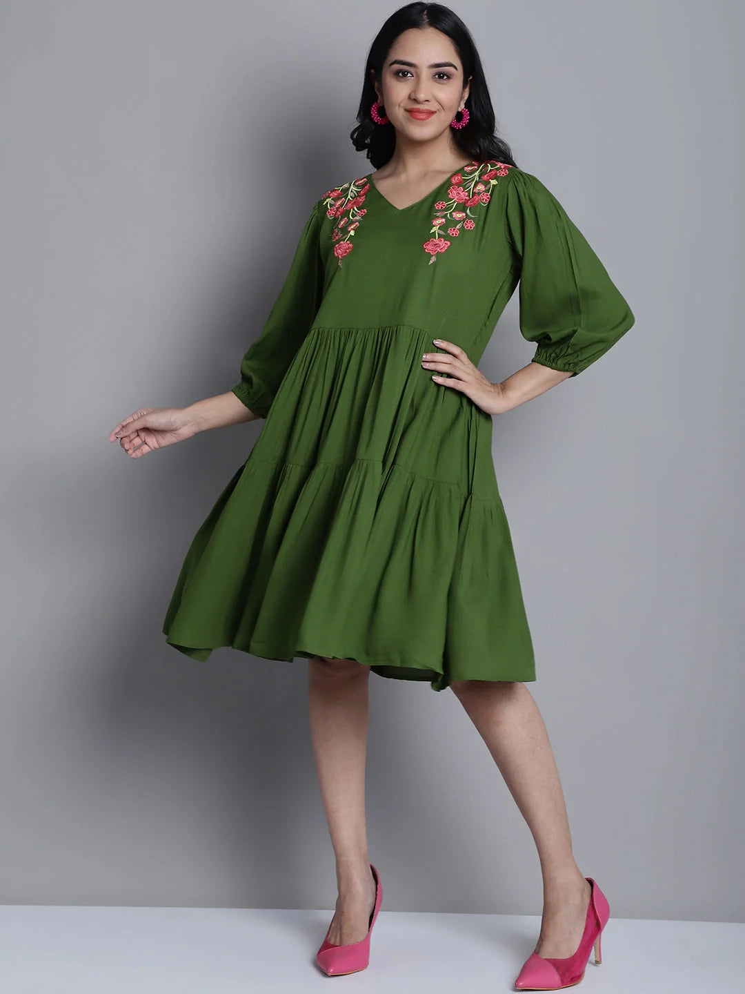 Women's Green Floral Embroidered A-line Dress | Western Wear