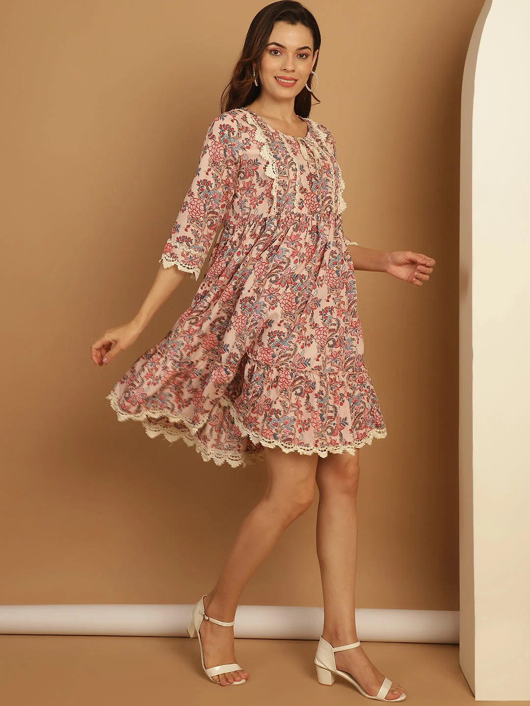 Floral A-Line Dress - Women's Western Wear in Pink Rayon