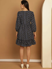 Bandhani Printed Puff Sleeve A-Line Dress-JND-1030