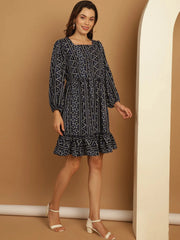 Bandhani Printed Puff Sleeve A-Line Dress-JND-1030