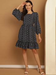 Bandhani Printed Puff Sleeve A-Line Dress-JND-1030