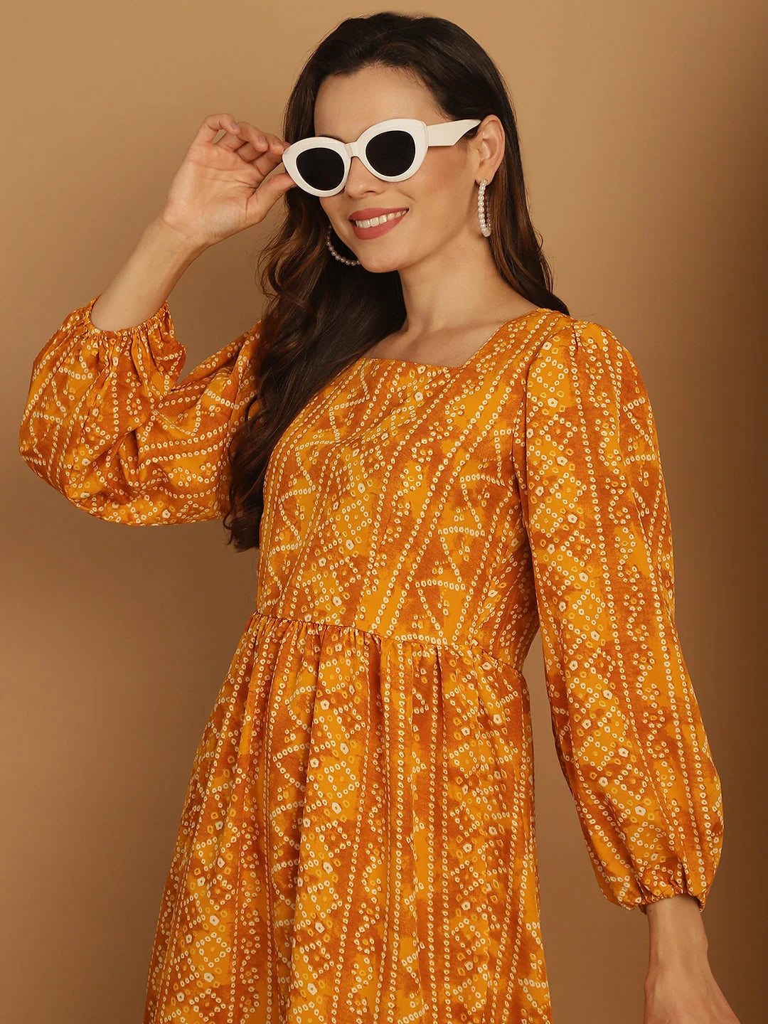 Bandhani Puff Sleeve A-Line Dress | Women's Western Clothing