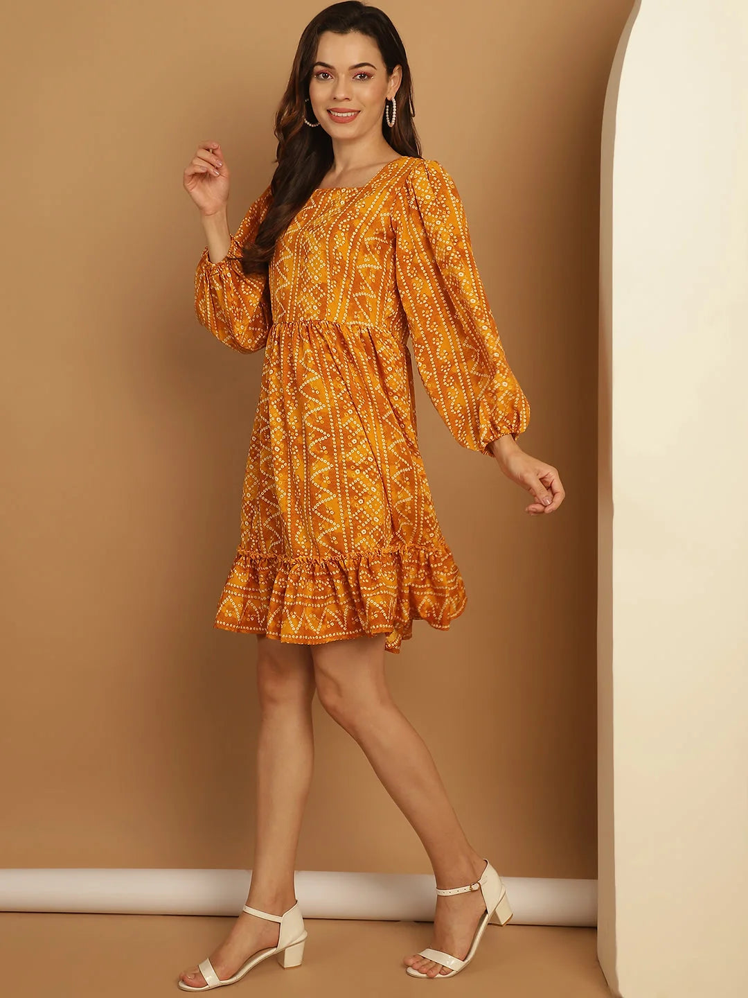 Bandhani Puff Sleeve A-Line Dress | Women's Western Clothing