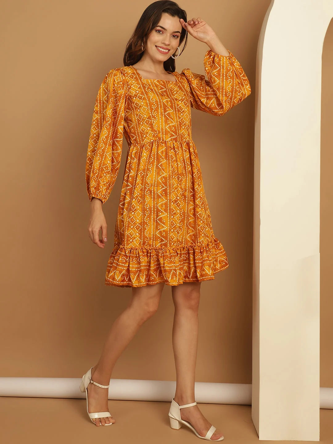 Bandhani Puff Sleeve A-Line Dress | Women's Western Clothing