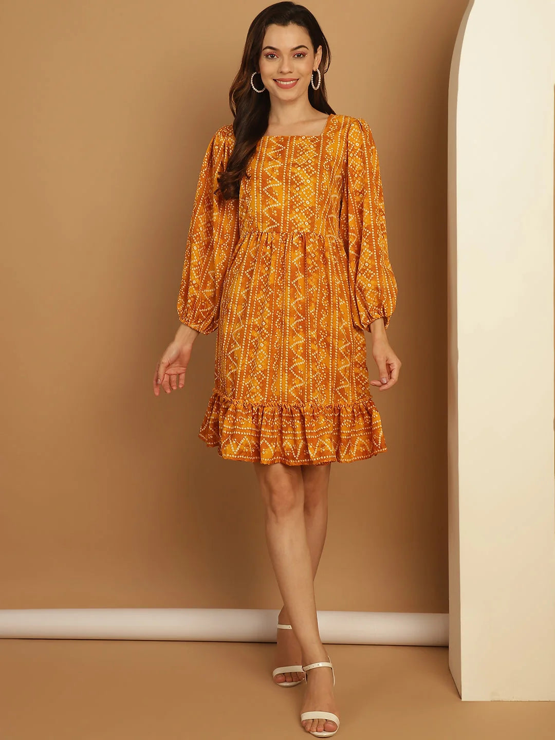 Bandhani Puff Sleeve A-Line Dress | Women's Western Clothing