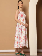 Floral Printed Shoulder Strap Maxi Dress-JND-1032White