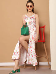 Floral Printed Shoulder Strap Maxi Dress-JND-1032White