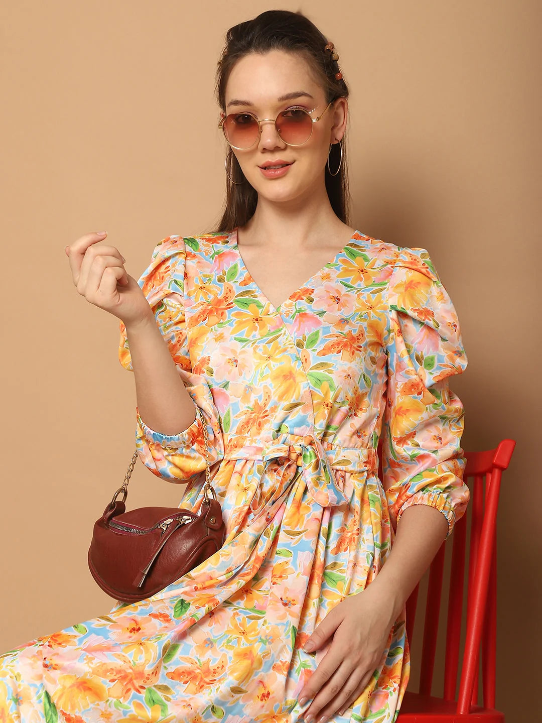 Yellow Floral Puff Sleeve Midi Dress - Women's Western Clothing