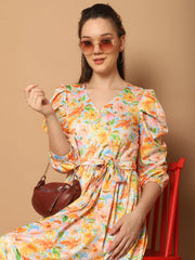 Floral Printed Puff Sleeves Midi Dress-JND-1033Yellow